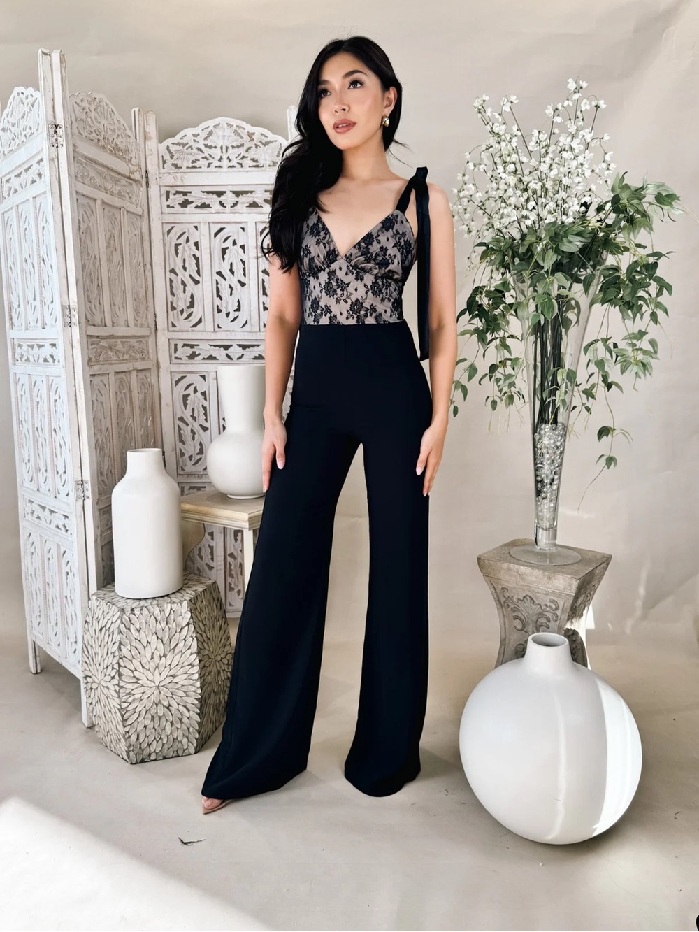 Amanda Uprichard Black Lace Bodice Wide-Leg Jumpsuit